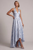 Cabresto sem costas Uma linha azul céu floral alto baixo Vestido de mãe da noiva