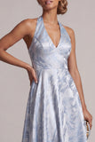 Cabresto sem costas Uma linha azul céu floral alto baixo Vestido de mãe da noiva