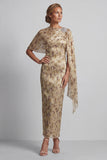 Vestido floral longo de mãe da noiva com Capa com Camisola com Contas de Champanhe