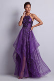 Vestido de Mãe da Noiva, Vestido Floral Roxo Escuro Em Linha Longa A Halter com Folhos