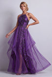 Vestido de Mãe da Noiva, Vestido Floral Roxo Escuro Em Linha Longa A Halter com Folhos