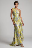 Vestido de Mãe da Noiva com estampado longo de sereia amarela de um ombro