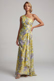 Vestido de Mãe da Noiva com estampado longo de sereia amarela de um ombro