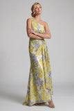 Vestido de Mãe da Noiva com estampado longo de sereia amarela de um ombro