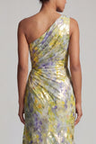 Vestido de Mãe da Noiva com estampado longo de sereia amarela de um ombro
