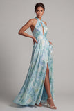 Vestido Longo de Mãe da Noiva Verde Claro Verde Claro Uma Linha Floral Longa de Mãe da Noiva com Bolsos