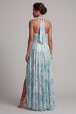 Vestido Longo de Mãe da Noiva Verde Claro Verde Claro Uma Linha Floral Longa de Mãe da Noiva com Bolsos