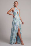 Vestido Longo de Mãe da Noiva Verde Claro Verde Claro Uma Linha Floral Longa de Mãe da Noiva com Bolsos