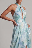 Vestido Longo de Mãe da Noiva Verde Claro Verde Claro Uma Linha Floral Longa de Mãe da Noiva com Bolsos