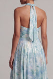 Vestido Longo de Mãe da Noiva Verde Claro Verde Claro Uma Linha Floral Longa de Mãe da Noiva com Bolsos