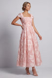 Vestido de Mãe da Noiva com decote quadrado brilhante com decote quadrado, blush longo com missangas