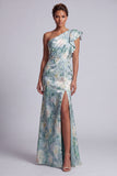 Vestido de Mãe da Noiva Floral Verde Claro com Folhos de Sereia e Fenda