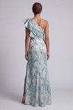 Vestido de Mãe da Noiva Floral Verde Claro com Folhos de Sereia e Fenda