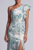 Vestido de Mãe da Noiva Floral Verde Claro com Folhos de Sereia e Fenda