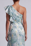 Vestido de Mãe da Noiva Floral Verde Claro com Folhos de Sereia e Fenda