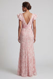 Vestido de Sereia da Mãe da Noiva com Lantejoula Blush e Decote V