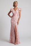 Vestido de Sereia da Mãe da Noiva com Lantejoula Blush e Decote V