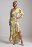 Decote em V Amarelo Folhos Altos Baixos Vestido Mãe da Noiva