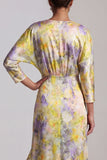 Decote em V Amarelo Folhos Altos Baixos Vestido Mãe da Noiva