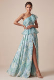 Vestido de Mãe da Noiva com Um Ombro Verde Claro Uma Linha Arruinada