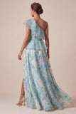 Vestido de Mãe da Noiva com Um Ombro Verde Claro Uma Linha Arruinada