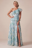 Vestido de Mãe da Noiva com Um Ombro Verde Claro Uma Linha Arruinada