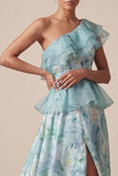 Vestido de Mãe da Noiva com Um Ombro Verde Claro Uma Linha Arruinada