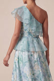 Vestido de Mãe da Noiva com Um Ombro Verde Claro Uma Linha Arruinada