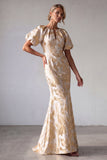 Vestido da Mãe da Noiva com Manga Bufante em Champanhe