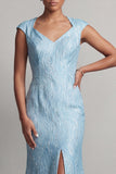 Vestido de Mãe da Noiva com Manga de Sereia Azul e Fenda