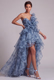 Vestido de Mãe da Noiva com Um Ombro Azul Empoeirado Linha A