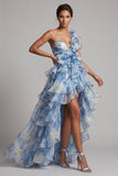 Vestido de Mãe da Noiva com Um Ombro Azul Empoeirado Linha A