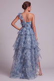 Vestido de Mãe da Noiva com Um Ombro Azul Empoeirado Linha A