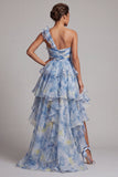 Vestido de Mãe da Noiva com Um Ombro Azul Empoeirado Linha A