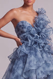 Vestido de Mãe da Noiva com Um Ombro Azul Empoeirado Linha A