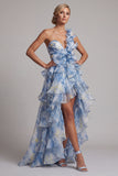 Vestido de Mãe da Noiva com Um Ombro Azul Empoeirado Linha A