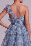 Vestido de Mãe da Noiva com Um Ombro Azul Empoeirado Linha A