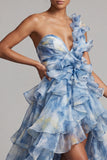 Vestido de Mãe da Noiva com Um Ombro Azul Empoeirado Linha A