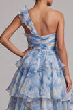 Vestido de Mãe da Noiva com Um Ombro Azul Empoeirado Linha A
