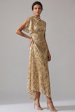 Vestido de Mãe da Noiva com Gola Alta Estampado Uma Linha de Champanhe