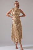 Vestido de Mãe da Noiva com Gola Alta Estampado Uma Linha de Champanhe