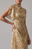 Vestido de Mãe da Noiva com Gola Alta Estampado Uma Linha de Champanhe