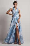 Vestido de Lapela Entalhada Azul Lago Linha A Mãe da Noiva