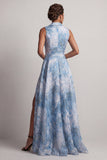 Vestido de Lapela Entalhada Azul Lago Linha A Mãe da Noiva