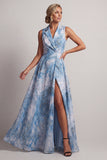 Vestido de Lapela Entalhada Azul Lago Linha A Mãe da Noiva