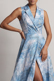 Vestido de Lapela Entalhada Azul Lago Linha A Mãe da Noiva