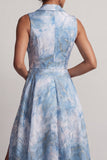 Vestido de Lapela Entalhada Azul Lago Linha A Mãe da Noiva