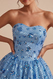 Vestido de Lantejoulas Azul Celeste, A-Line Brilhante
