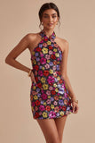 Vestido de regresso a casa preto preto floral brilhante com decote alcoólico e lantejoulas bodycon