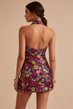 Vestido de regresso a casa preto preto floral brilhante com decote alcoólico e lantejoulas bodycon